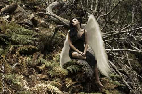 Foto  hermosa mujer en el bosque con sus alas de ángel