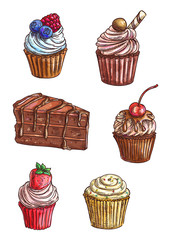 Wall Mural - Chocolate cake, cupcake sketches with cream, fruit