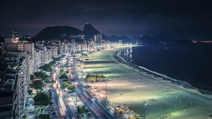 Copacabana Beach at night aerial view, Rio de Janeiro