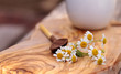 Chamomile tea with chamomile daisy flowers in a hot white cup on a wooden rustic cutting board and a spoon. This home remedy is known to help sleep and aid a sore throat