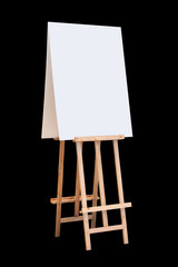 wooden easel with blank board isolated on black background