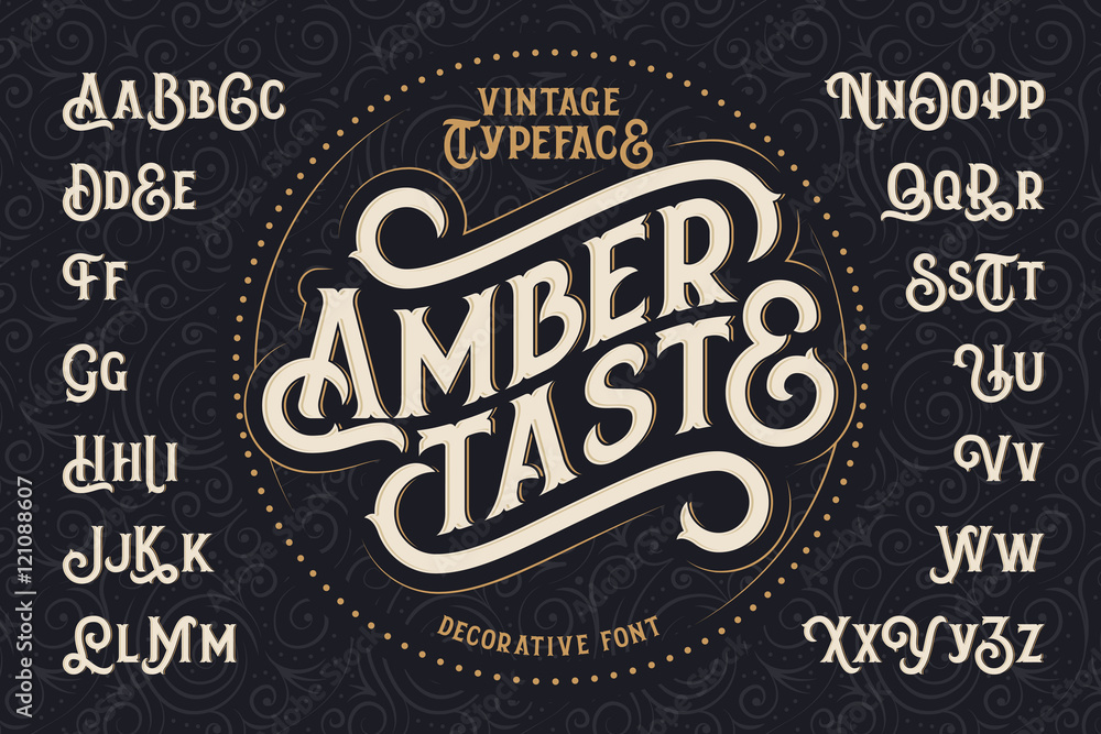 Vintage decorative font named "Amber Taste" with label design and background pattern - obrazy, fototapety, plakaty 
