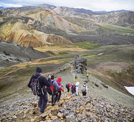 group of hikers in the mountains . icelandic landscape - view