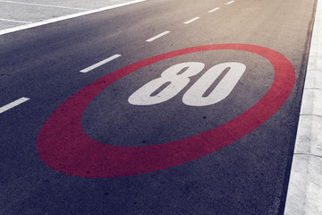 Wall Mural - 80 kmph or mph driving speed limit sign on highway