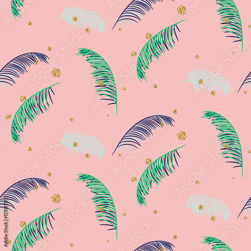 Valokuva Green blue banana palm leaves seamless vector pattern on pink background