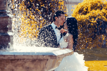 Wall Mural - wedding couple kiss near fountain water