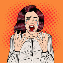 Pop Art Depressed Crying Woman Screaming. Vector Illustration