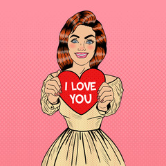 Wall Mural - Young Pretty Pop Art Woman Holding Big Red Heart in her Hands. Vector illustration