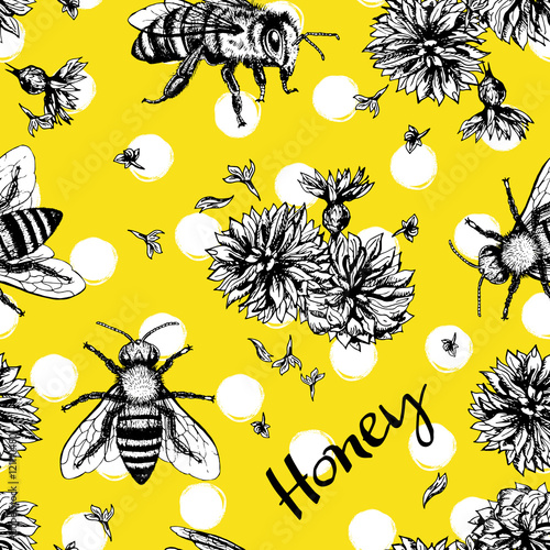 Cotton fabric Seamless vector pattern with bees and flowers.