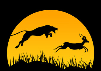 vector horizontal illustration of africa. wild life. hunting. africa logo. jaguar and antelope. tree