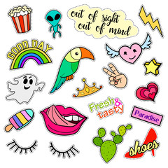 Fashion patch badges. Big set. Stickers, pins, embroidery, patches and handwritten notes collection in cartoon 80s-90s comic style. Trend. Vector illustration isolated. Vector clip art.