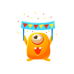 Sticker - Orange Toy Monster With Party Banner