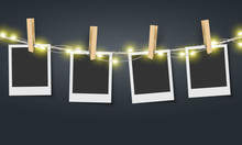 Blank Photo Frame Hanging On Rope With Fairy Lights Vector