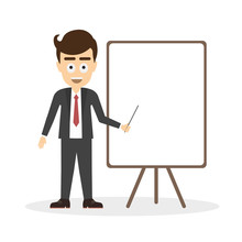 Businessman With White Board On White Background. Isolated Cartoon Smiling Man Standing With Pointer And Board. Concept Of Teacher, Tutor And Coach.