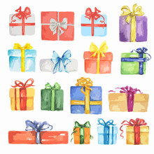 Watercolor Presents Set. Colorful Boxes With Bows And Ribbons For Holidays As Christmas, New Year And Birthday.