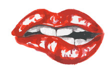 Isolated Watercolor Lips. Sexy And Glamour Biting Red Lips. Make Up And Fashion. Breath.