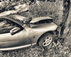 Wall Mural - Damaged automobile. Road accident car crash on an city road high