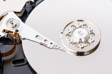 Close-up View Of An Opened Computer Hard Disc Drive