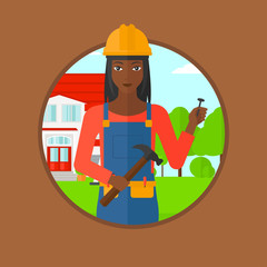 Wall Mural - Cheerful builder with hammer vector illustration.