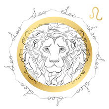 Zodiac Sign Leo. Horoscope  Card In Zentangle Style With Words. 