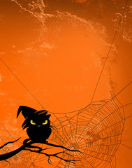 Wall Mural - halloween background with black cat and spider web