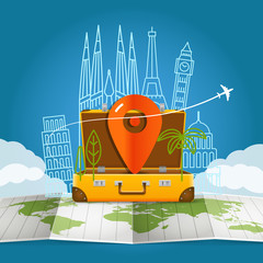Aufkleber - World map with the open bag with pin. Vacation concept