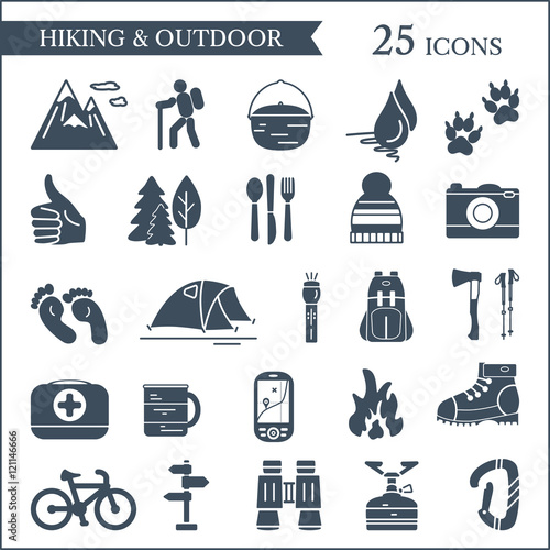 Hiking and camping icons. Vector set of outdoor symbols. Buy this