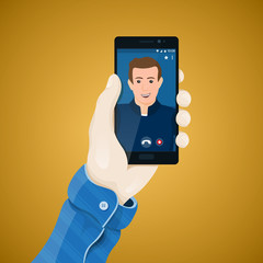 Wall Mural - Online video conferencing. Hand with phone vector illustration in flat style. Man's hand holding a phone concept. Video call on the screen of black smartphone. Mobile app vector clipart