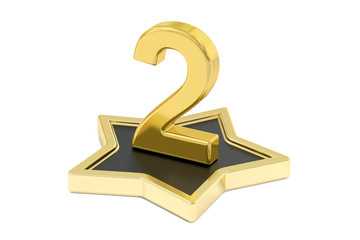 golden number 2 on star podium, 3D rendering