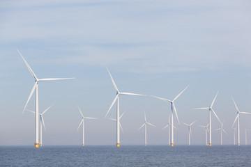 View of windpark in the Dutch Noordoostpolder, Flevoland and the