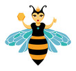 Smiling, cartoon queen honey bees in the crown. Keeps honeycomb and showing sign Okay. For a logo, trade mark, design. Vector isolated on background.