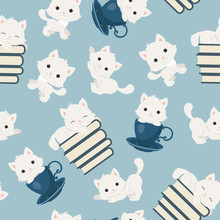 White Playful Kittens Seamless Pattern