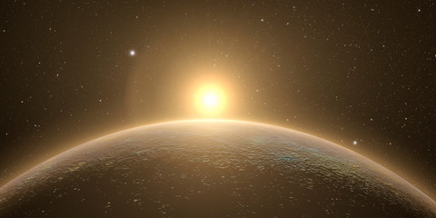 Wall Mural - planet mercury with sunrise on the space background, 3d render.
