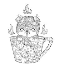 Puppy In Cup. Adult Antistress Coloring Page With Dog In Zentangle Style. Doodle Animal. Vector Illustration For T-shirt Print, Tattoo, Logo.