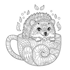 Hedgehog in cup. Adult antistress coloring page with animal in zentangle style. Doodle. Vector illustration for T-shirt print, tattoo, logo.