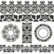 Vector set of Asian seamless tape, ribbon, round and single patterns in the form of cotton flower in Uzbek national  style. Black templates on white background.