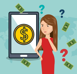 Wall Mural - cartoon woman smartphone money e-commerce isolated design, vector illustration graphic