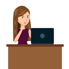 Sticker - cartoon woman laptop desk e-commerce isolated design, vector illustration  graphic 