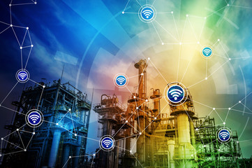 Aufkleber - modern factory building and wireless communication network, abstract image visual