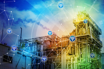 Aufkleber - modern factory building and wireless communication network, abstract image visual