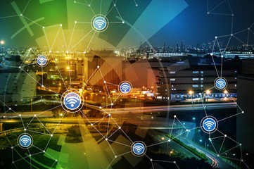 Aufkleber - modern factory building and wireless communication network, abstract image visual