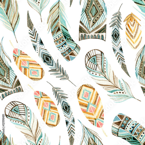 Nowoczesny obraz na płótnie Watercolor ethnic feathers seamless pattern