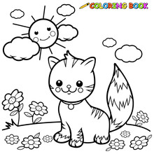 Cute Cat In The Garden. Vector Black And White Coloring Page. 