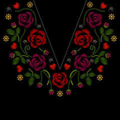 Wall Mural - Neck line embroidery with roses flowers vector illustration