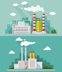 Industrial landscape set. The nuclear power plant and factory on