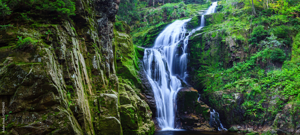 Panorama of Kamienczyk Waterfall in Karkonosze National Park in Poland Sudety Mountains near Szklarska Poreba town. - obrazy, fototapety, plakaty 