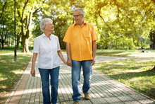Smiling Senior Couple Walking Through The Park