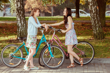 Wall Mural - The two young girls with bicycles in park