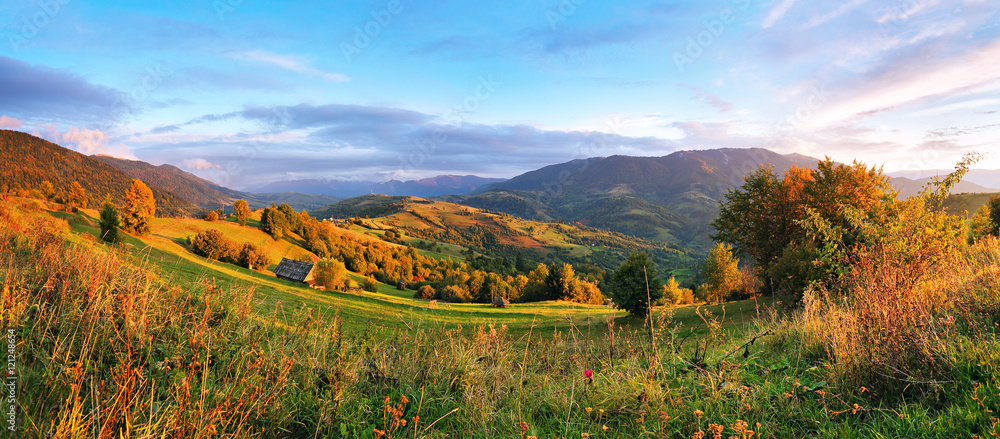 September rural scene in mountains. Autumn hill panorama - obrazy, fototapety, plakaty 