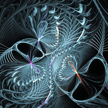 Blue Lace. Abstract Fantasy Ornament On Black Background. Computer-generated Fractal In Orange, Rose And Blue Colors.